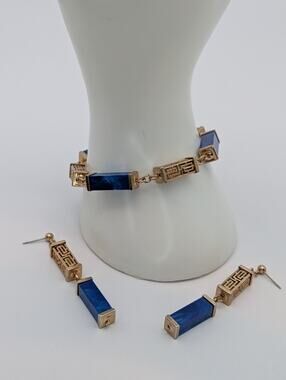 Vintage Faux Lapis And Gold Tone Greek Key Station Bracelet And Earring Set